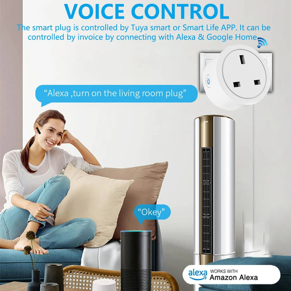 Tuya UK Smart Plug WiFi Socket 16A/20A with Power Monitor Voice Control Timing Smart Life Control Works with Alexa Google Home